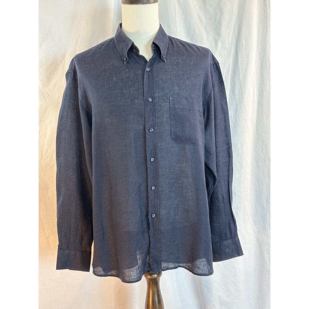 Roccobarocco 100% Linen Shirt Dark Blue Long Sleeve Button Collar Cuff 46 2XL